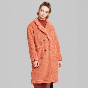 GUC Wild Fable Pink Coral Sherpa Teddy Coat Jacket Size Large Oversized Pea Coat